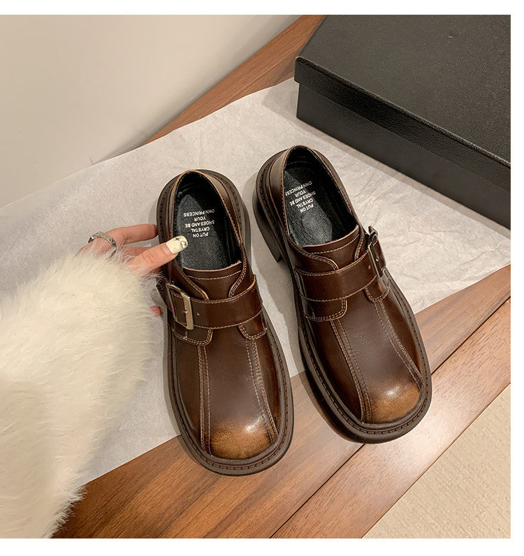 Karin Luna In Stock Spot Goods Metal Round Toe Cow Leather Thick Sole Flats
