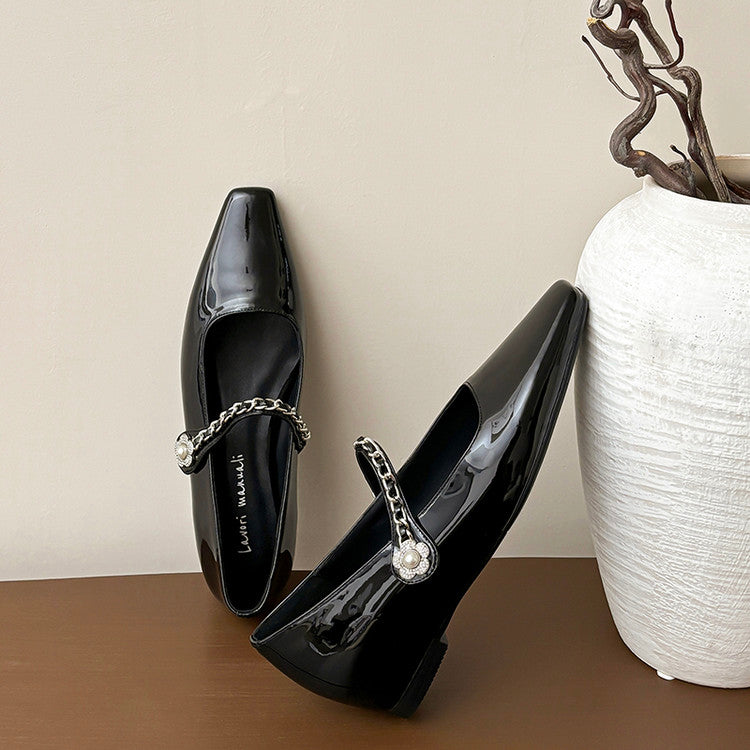 Karin Luna In Stock In Stock ~Metal One-Strap Pearl Small Square Toe Height-Increasing Flats