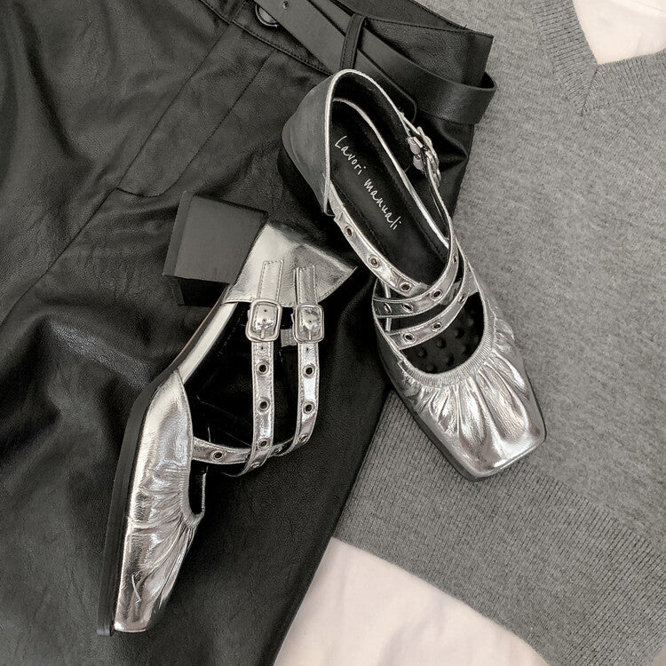 Karin Luna In Stock Spot Goods First Layer Sheepskin Cross Strap Rivet Square Toe Mary Jane Sandals