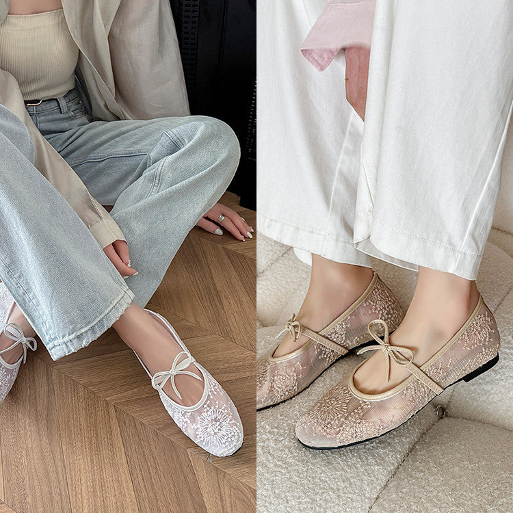 Karin Luna In Stock Spot Goods  Summer Breathable Retro Embroidered Bow Granny Shoes