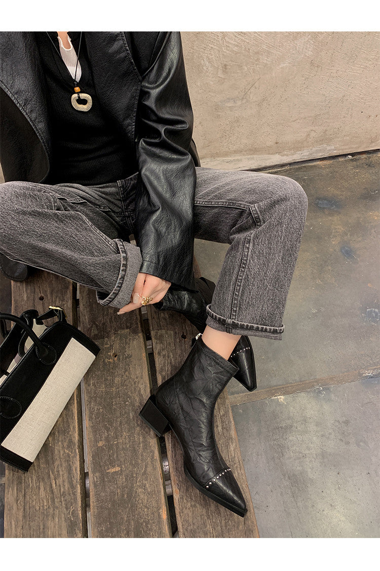 Karin Luna In Stock In Stock Slim Boots Series~Pointed Toe Rivet Slim Short Boots