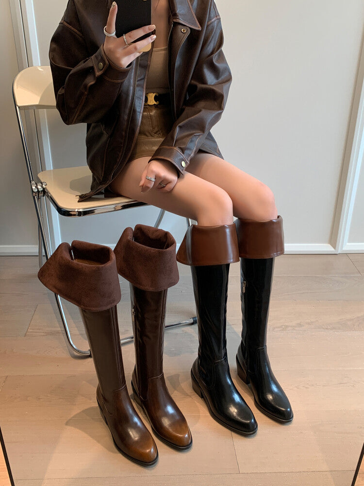 Karin Luna exploded  Three versions exploded Single Fleece Lining Fur Collar Version  Thick Fur Collar Foldable Hot-Selling Full Cowhide Pointed Toe Chunky Heel Classic Style