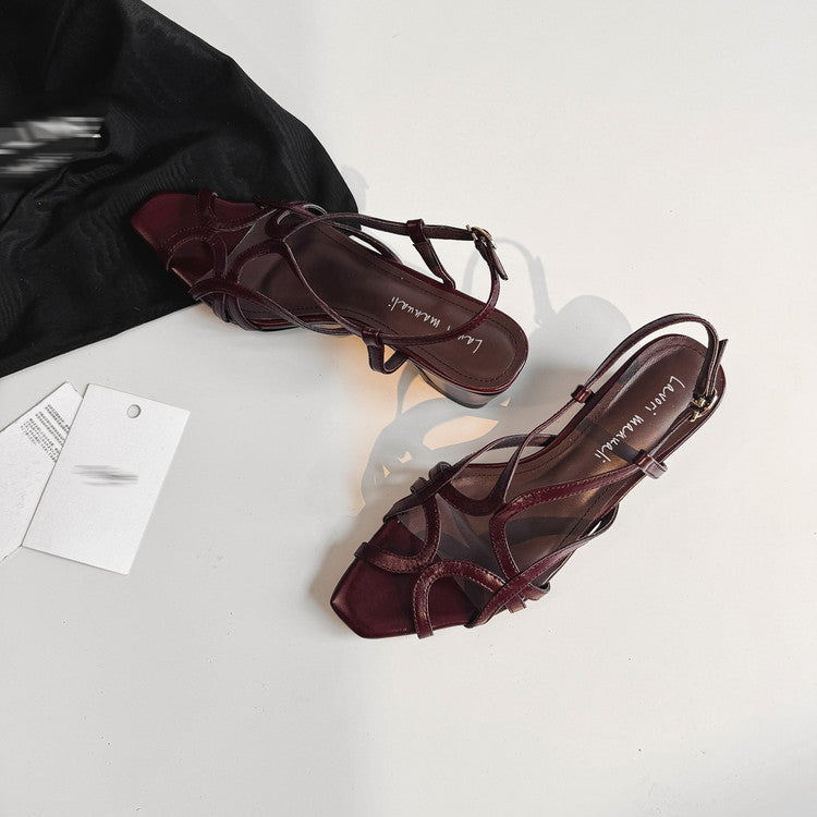 Karin Luna French Hollow Style Small Square Toe Chunky Heel Sandals