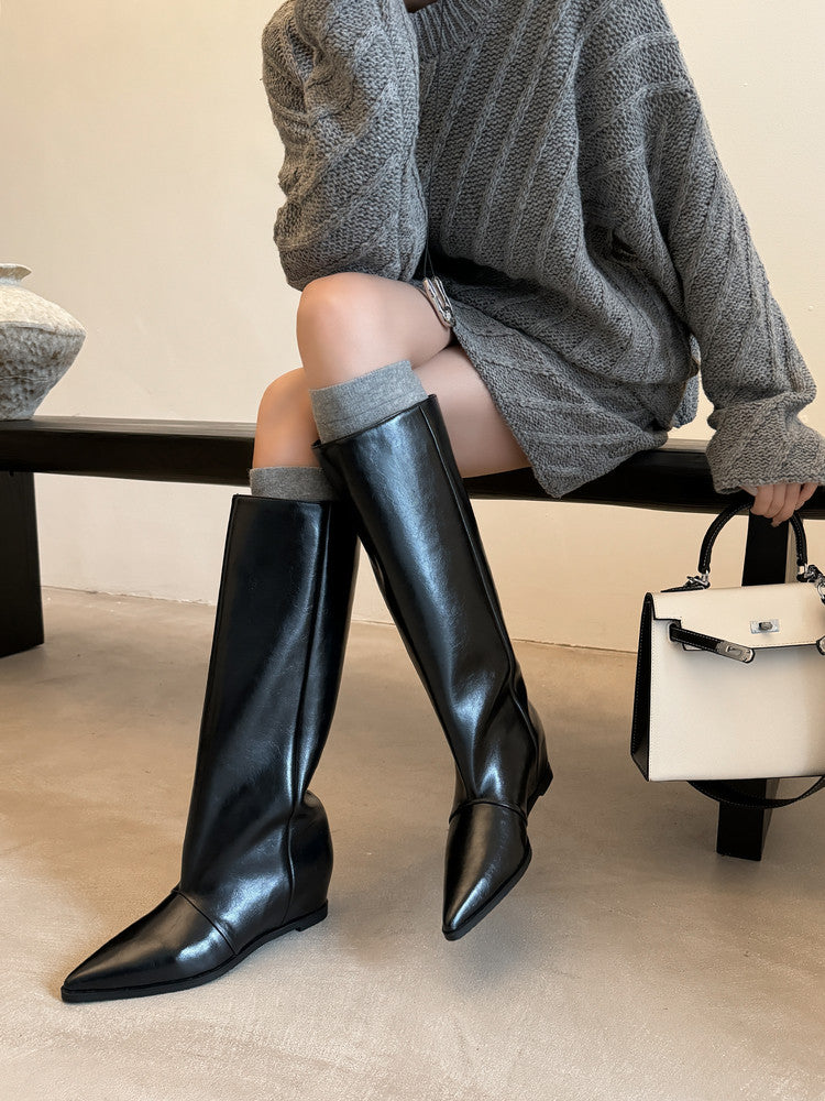 Karin Luna Elegant Style Pointed Toe Internal Height Increase Slip-On Long Boots