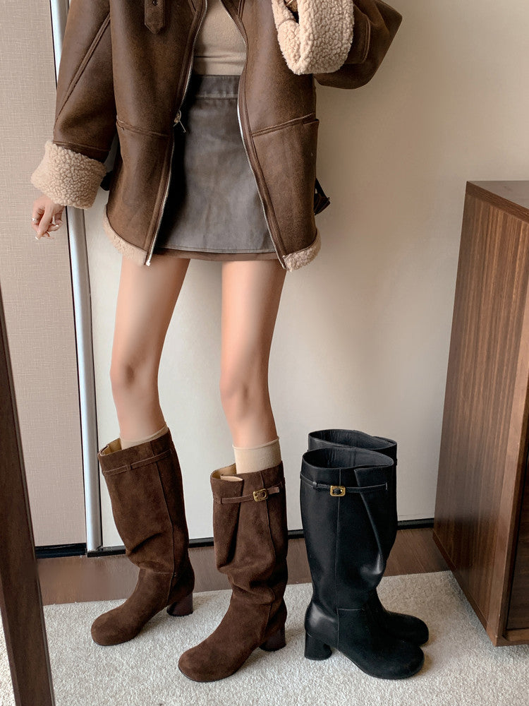 Karin Luna In Stock In Stock Mango Head Large Tube Belt Buckle Chunky Heel Long Boots