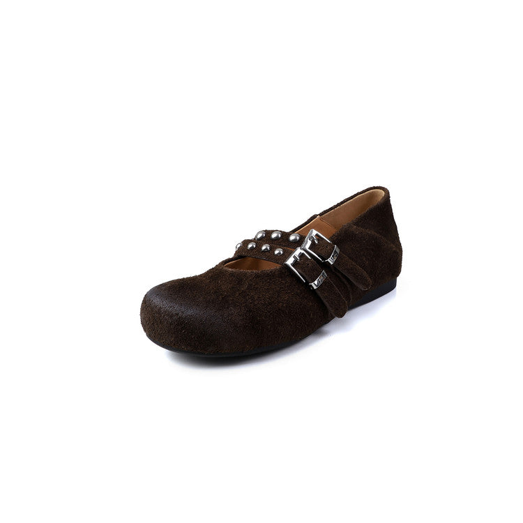 Karin Luna Hot Item Hot Item Punk Style One-Strap Round-Toe Suede Leather Height-Increasing Flats