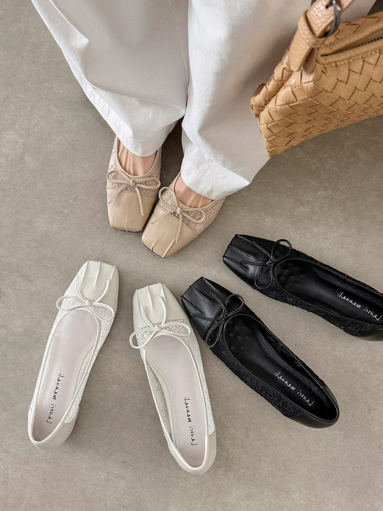 Karin Luna In Stock In Stock  Wrinkled Square Toe Patchwork Breathable Mesh Bow Granny Shoes