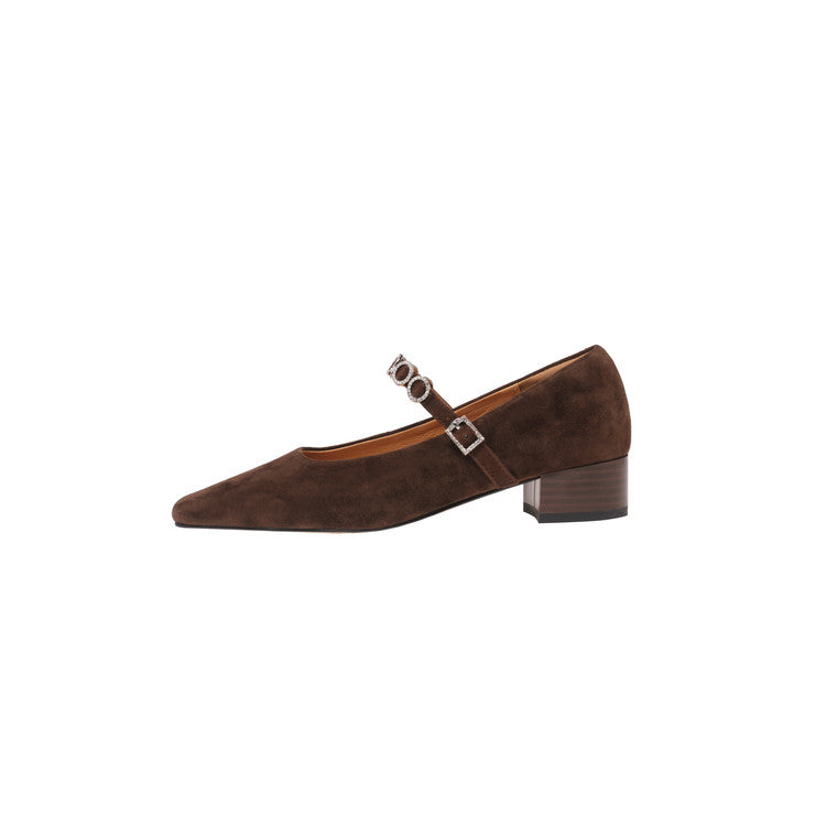 Karin Luna In Stock Spot Goods  Vintage Full Leather Square Toe Rhinestone Strap Shallow Mouth Single Shoes