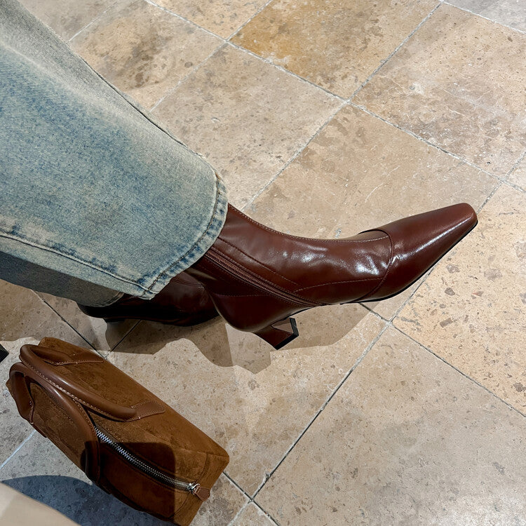 Karin Luna Elegant Small Square Toe Chunky Heel Slim Boots