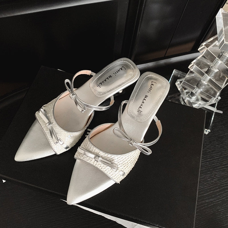 Karin Luna Fish Skin Series~Pointed Toe Irregular Heel Bowknot Strap Slippers