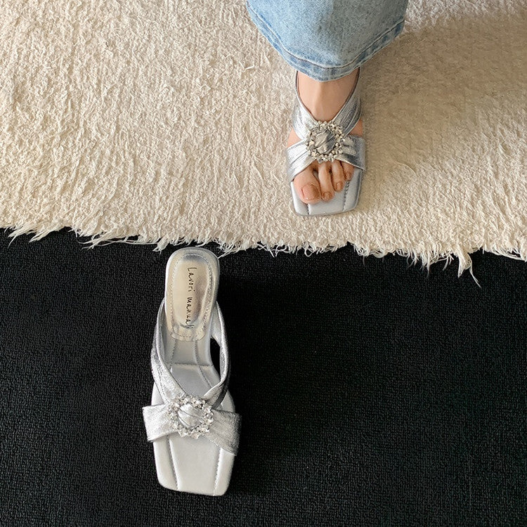 Karin Luna In Stock In Stock Elegant Square-Toe Cross-Strap Rhinestone Square-Toe Slippers
