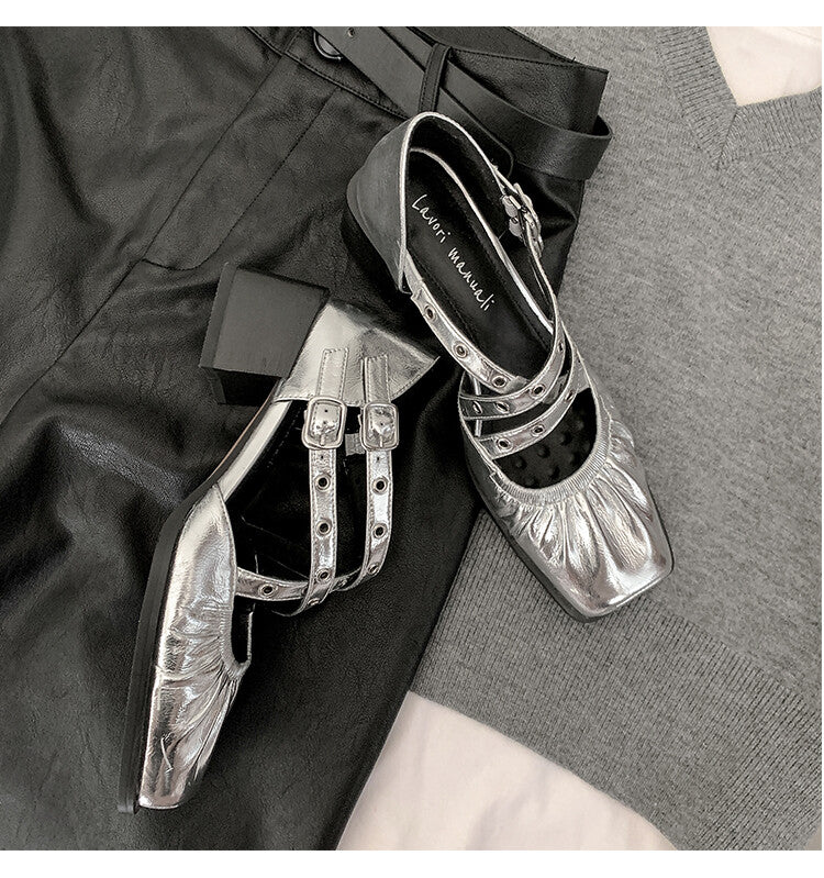 Karin Luna In Stock Spot Goods First Layer Sheepskin Cross Strap Rivet Square Toe Mary Jane Sandals