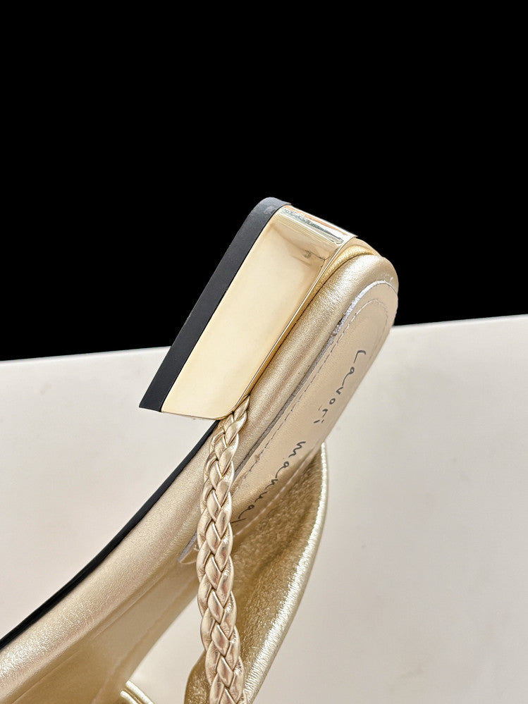 Karin Luna  Square Toe Braided Cross Thick Heel Flat Slippers