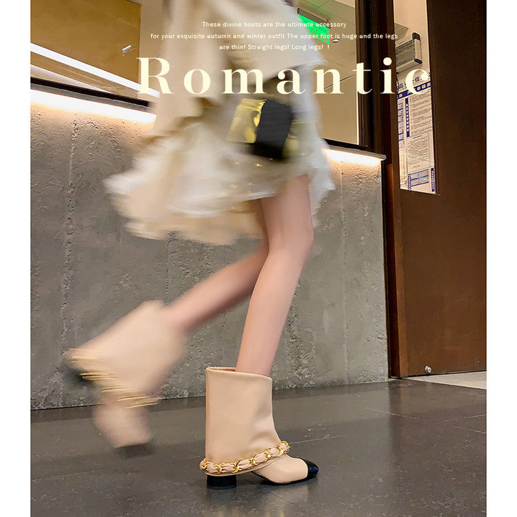 Karin Luna Classic Style Xiangjia Style Chunky Heel Chain Ankle Boots