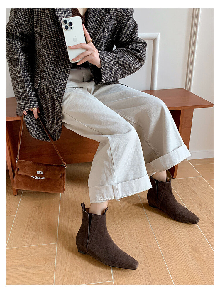 Karin Luna Classic Style Internal Height Increase Cowhide Leather Small Square Toe Short Fashion Boots