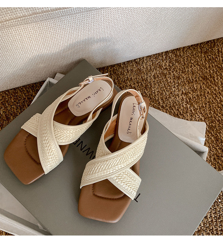 Karin Luna In Stock  Spot Goods Woven Style  Cross-strap Vacation Style Flat Sandals