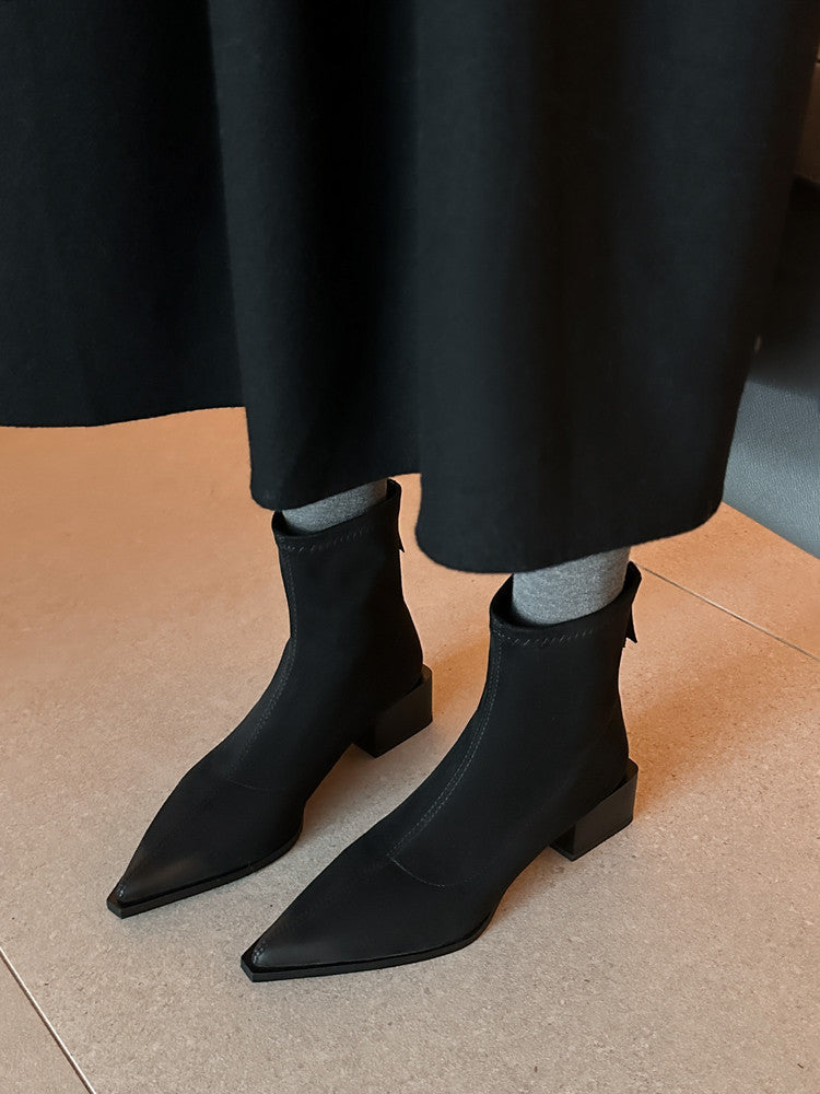 Karin Luna In Stock In Stock Elastic Slim Pointed Toe Chunky Heel Basic Ankle Boots