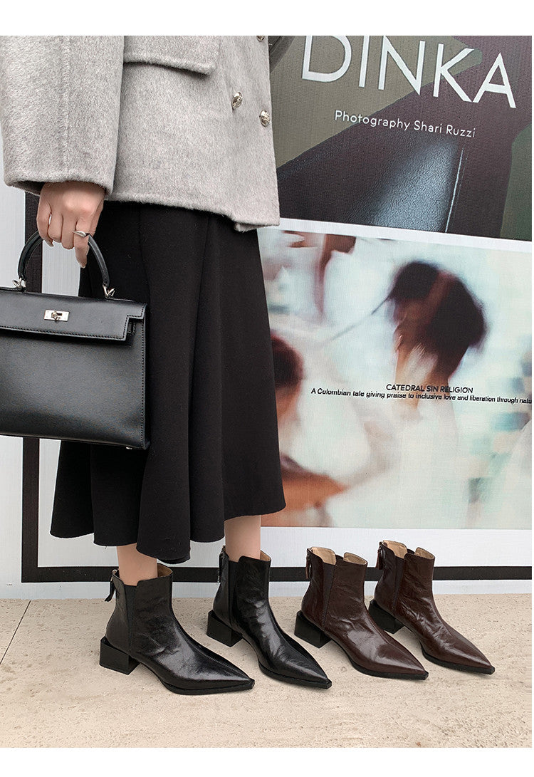 Karin Luna In Stock Spot Goods Elegant Stretch Fabric Patchwork Pointed Toe Chunky Heel Short Boots
