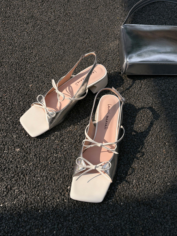 Karin Luna In Stock Spot Goods Square Toe Double Bow Thick Heel Sandals