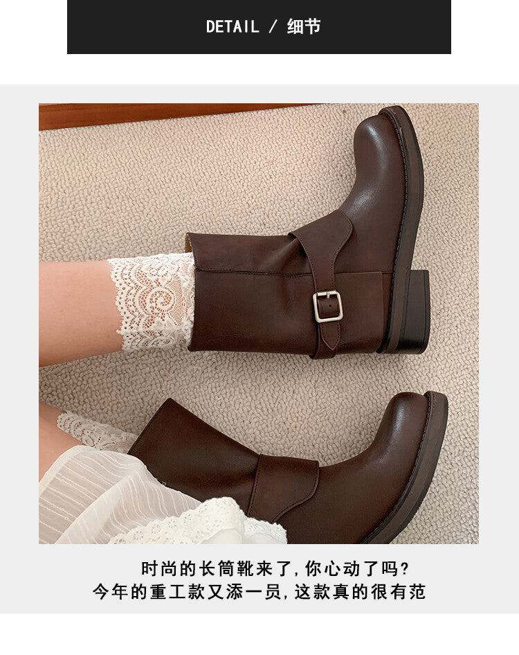 Karin Luna Belt Buckle Chunky Heel Fashion Short Boots