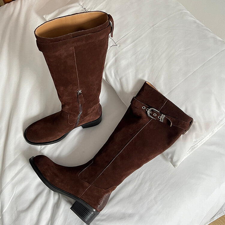 Karin Luna Chunky Heels Round Head Belt Buckle  Fashionable Suede Boots