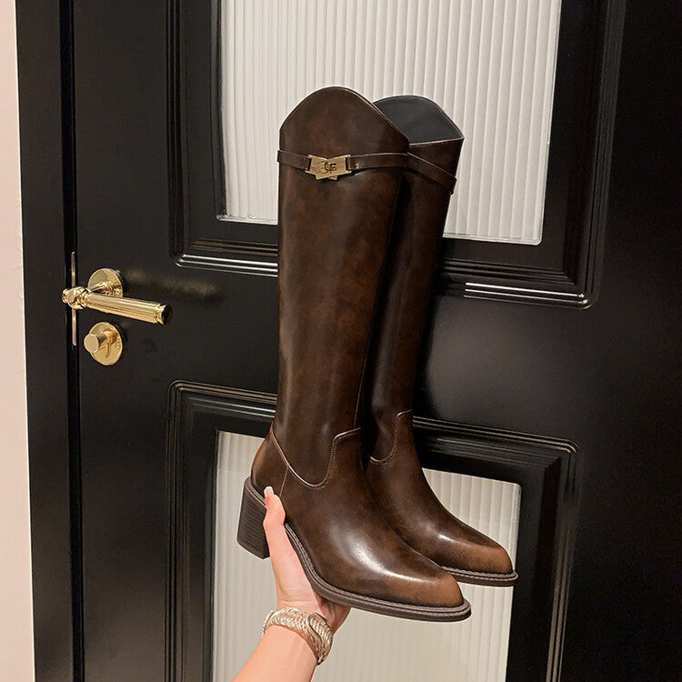 Karin Luna Hot-Selling Fasteners Sold as soon as listed Comes with data plan included Pointed Toe Chunky Heel Classic Full Cowhide Leather Riding Boots