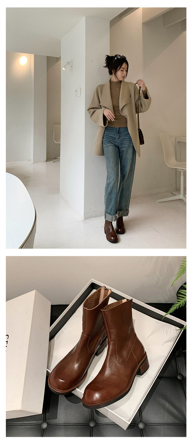Karin Luna In Stock Spot Goods  Full-grain leather inside and out   Minimalist Texture  Round Toe Flat Bottom Basic Short Boots