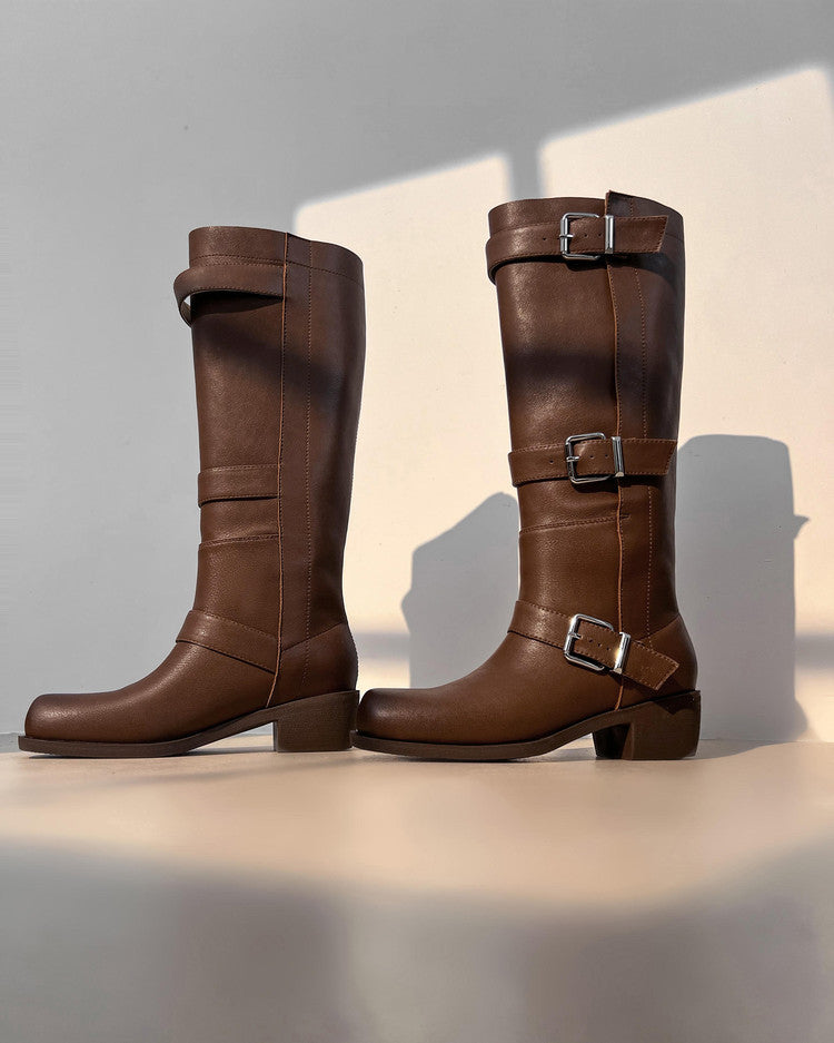Karin Luna In Stock In Stock European and American Style Square Toe Thick Sole Belt Buckle Long Boots