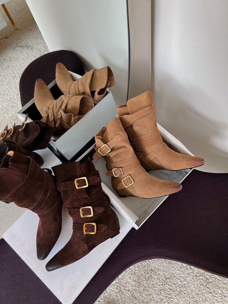 Karin Luna Cow Leather Small Square Toe Belt Buckle Fashion Boots