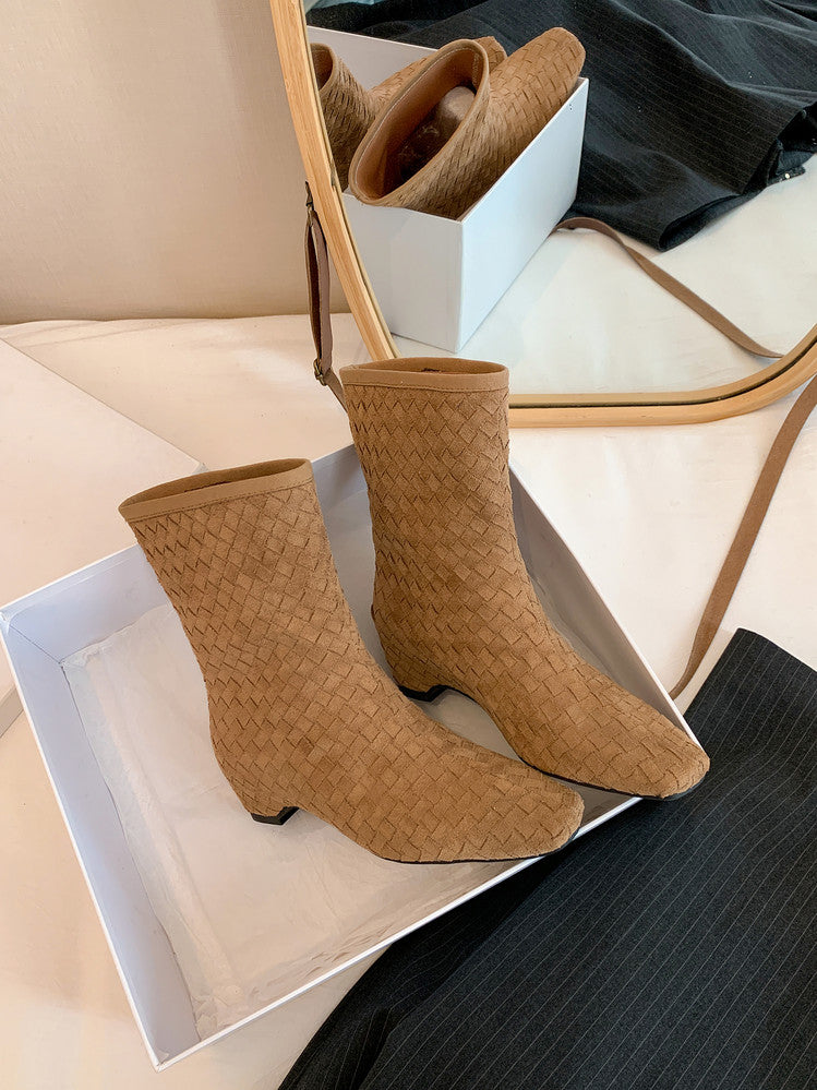 Karin Luna Handmade Woven Fabric Small Square Toe Hidden Heel Short Boots