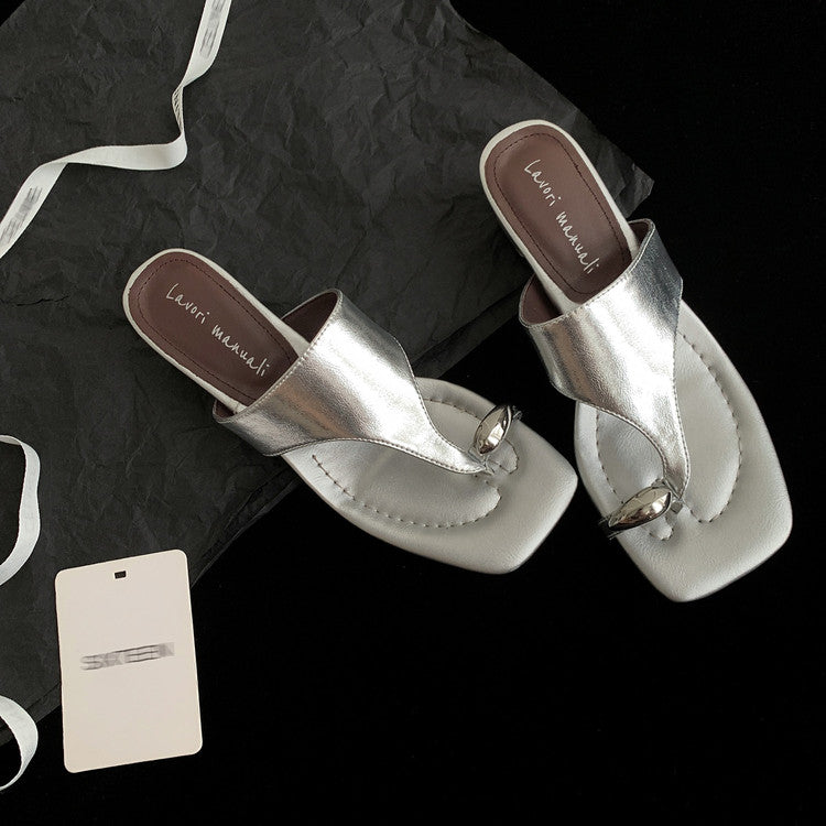 Karin Luna In Stock Spot Goods Clip-toe Square Toe Metal Buckle Minimalist Slippers