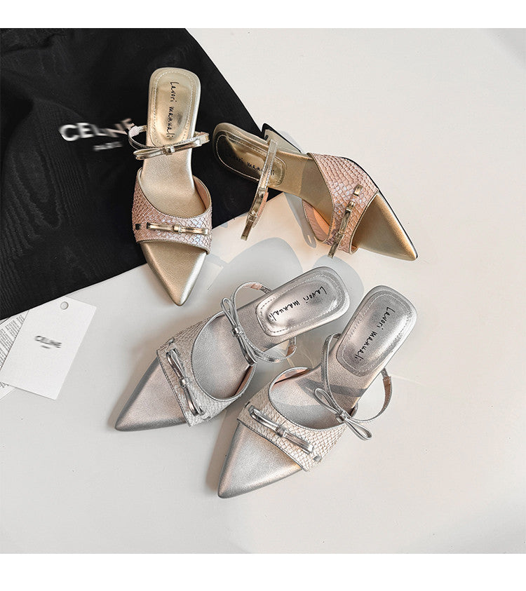 Karin Luna Fish Skin Series~Pointed Toe Irregular Heel Bowknot Strap Slippers