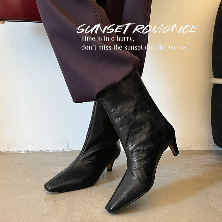 Karin Luna In Stock Spot Goods Top Layer Stone Pattern Cowhide Textured Small Square Toe Straight Short Boots