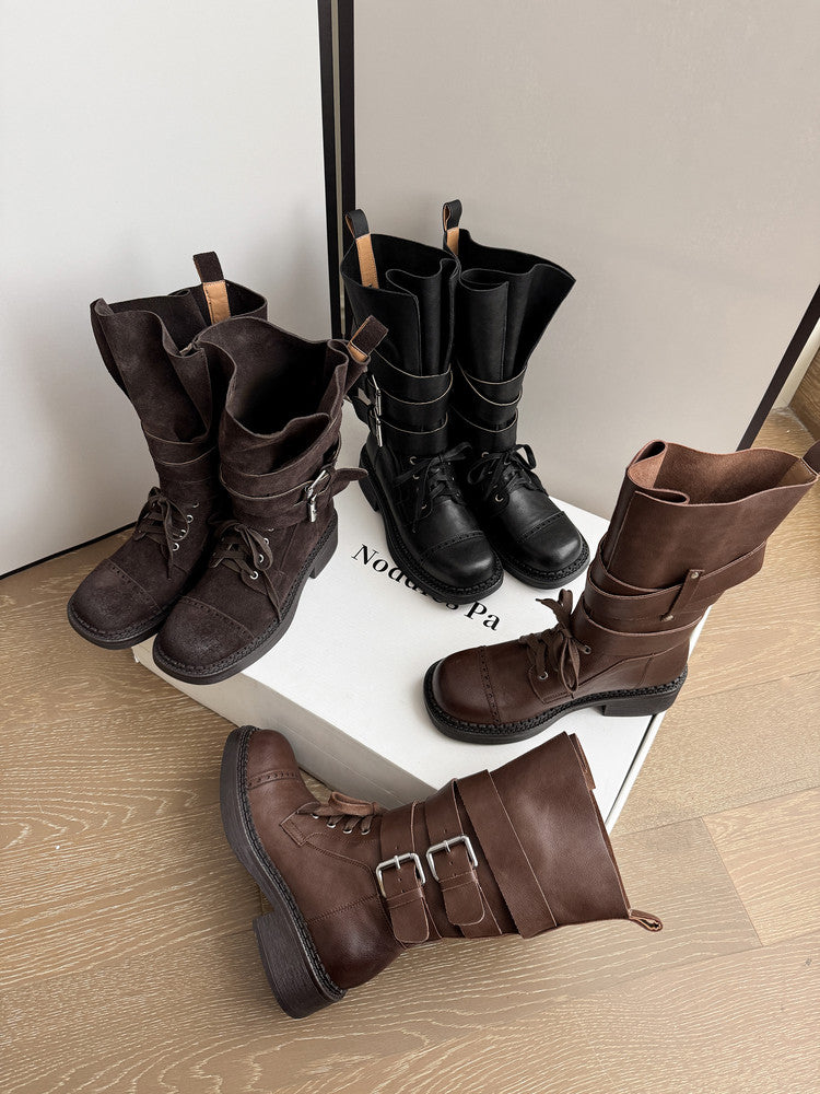Karin Luna Bestseller Hot-Selling Large Tube Leather Belt Buckle Round Toe Thick-Soled Short Boots
