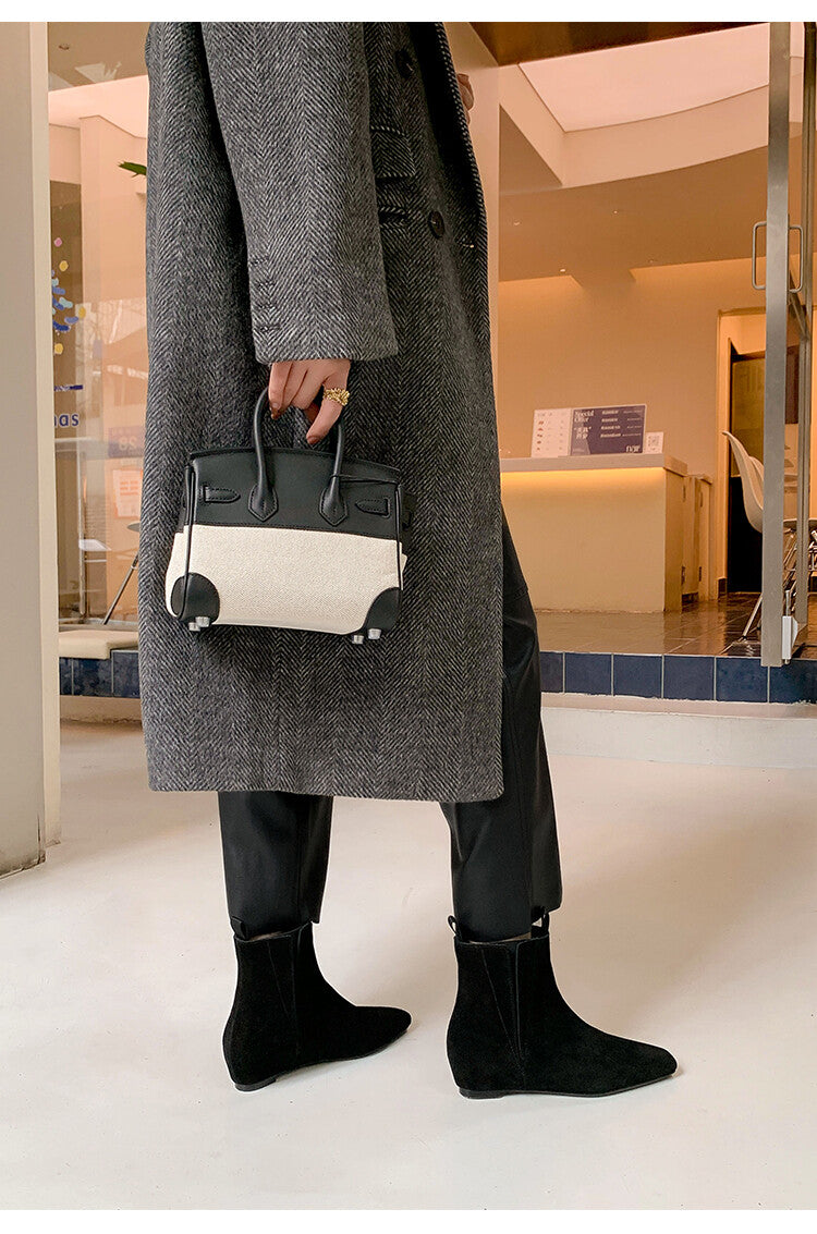 Karin Luna Classic Style Internal Height Increase Cowhide Leather Small Square Toe Short Fashion Boots