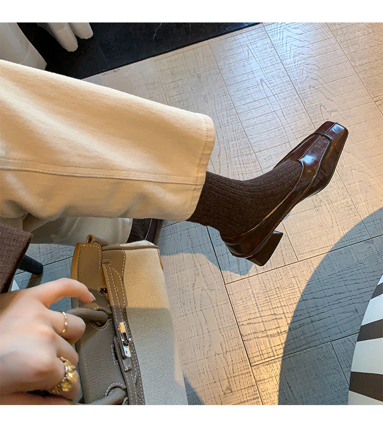 Karin Luna In Stock Spot Goods  Retro Full Leather Square Toe Shallow Mouth Single Shoes