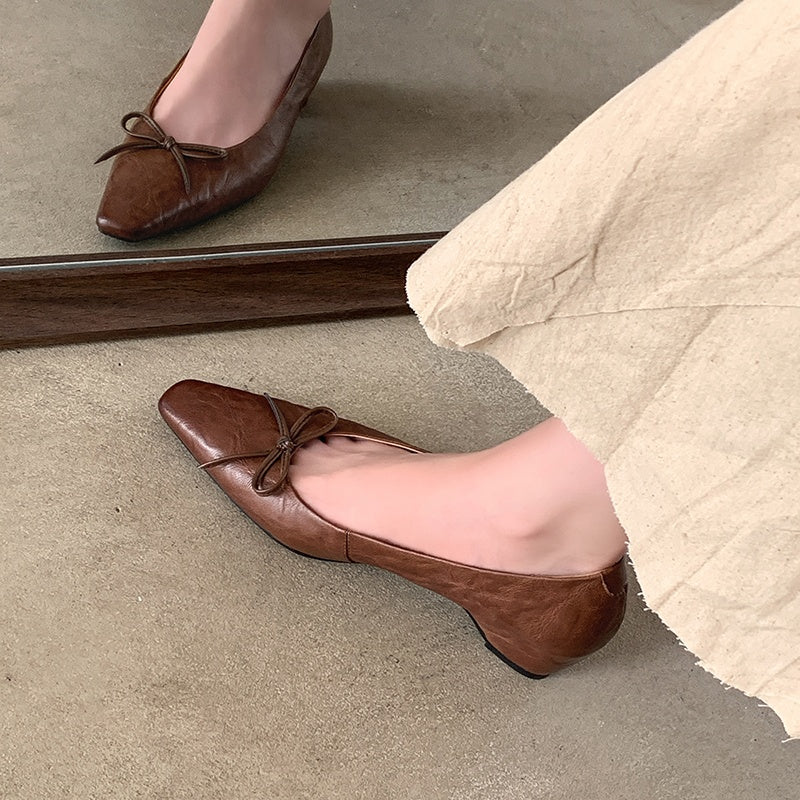 Karin Luna Full Layer Inside and Out~Basic Versatile Small Square Toe Butterfly Knot Irregular Heel Single Shoes