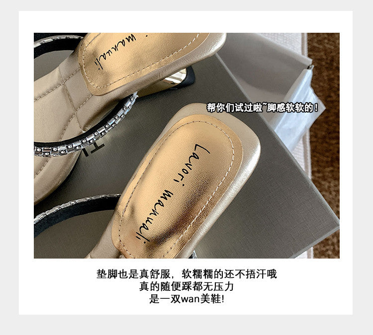 Karin Luna In Stock Spot Goods  Rhinestone One-Strap Irregular Heel Square-Toe Slippers