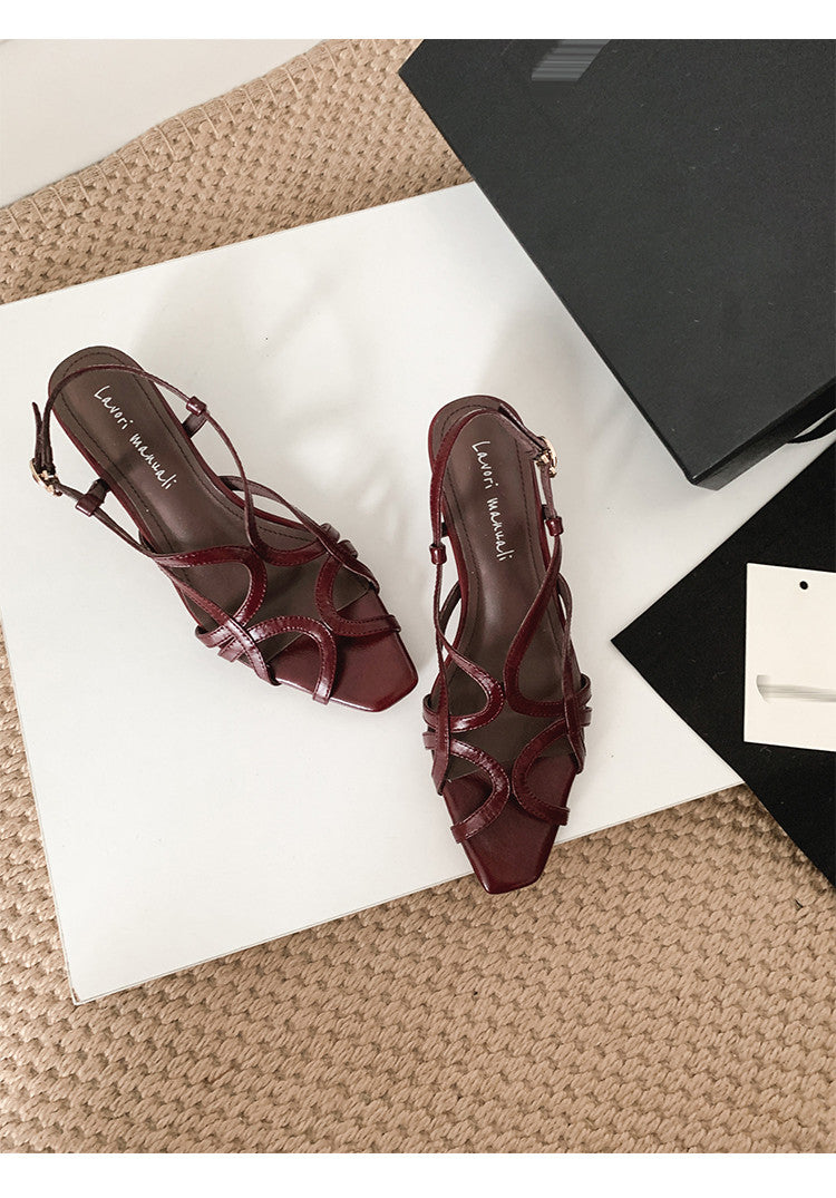 Karin Luna French Hollow Style Small Square Toe Chunky Heel Sandals