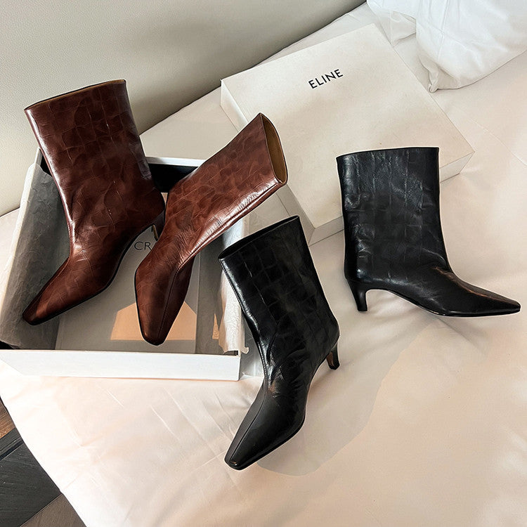 Karin Luna In Stock Spot Goods Top Layer Stone Pattern Cowhide Textured Small Square Toe Straight Short Boots