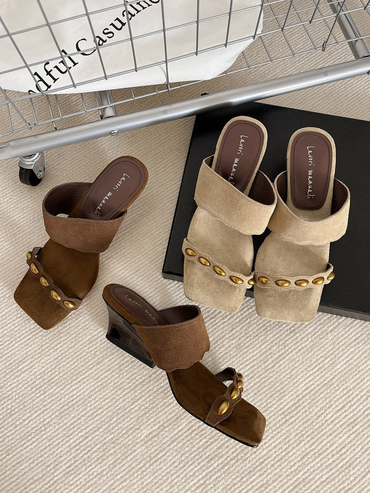 Karin Luna Hot-Selling Element Amber Heel~Spot Goods Spot Goods  Vacation Style One-Strap Amber Irregular Heel Slippers