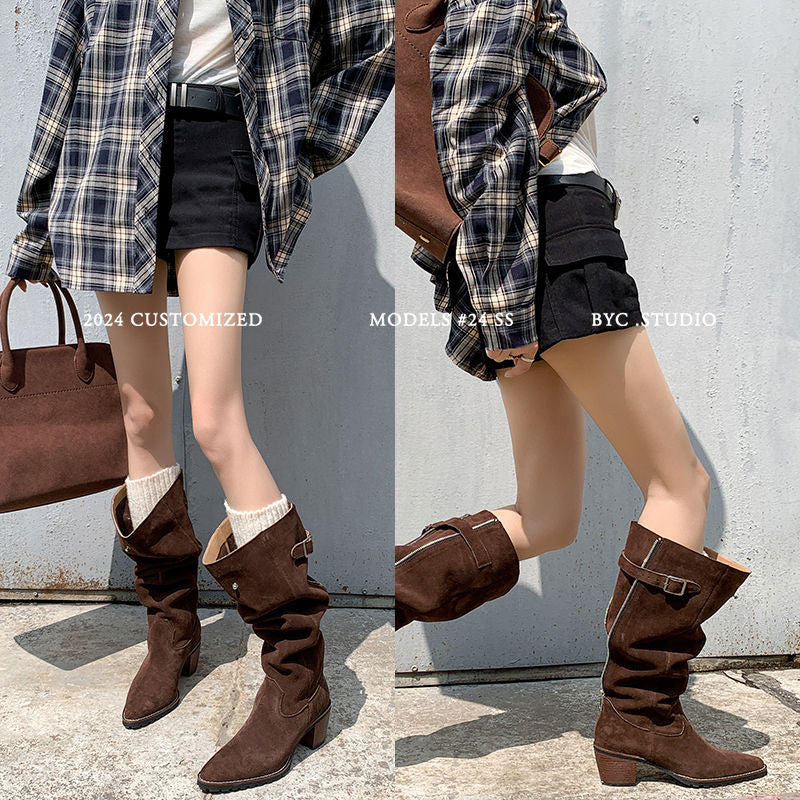 Karin Luna In Stock Spot Goods Retro Cowhide Leather Chunky Heel Suede Long Boots