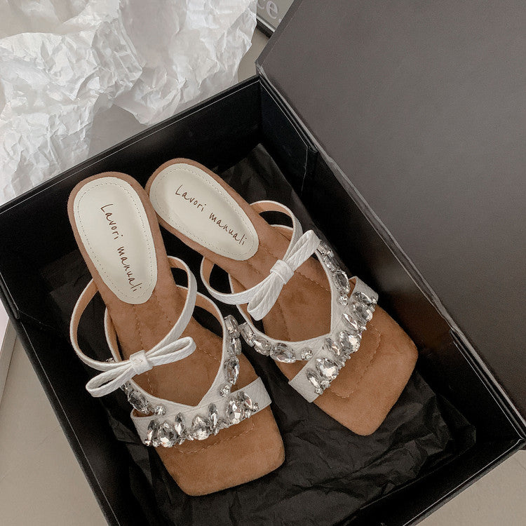 Karin Luna In Stock In Stock  Square Toe Rhinestone Bow Suede Slippers
