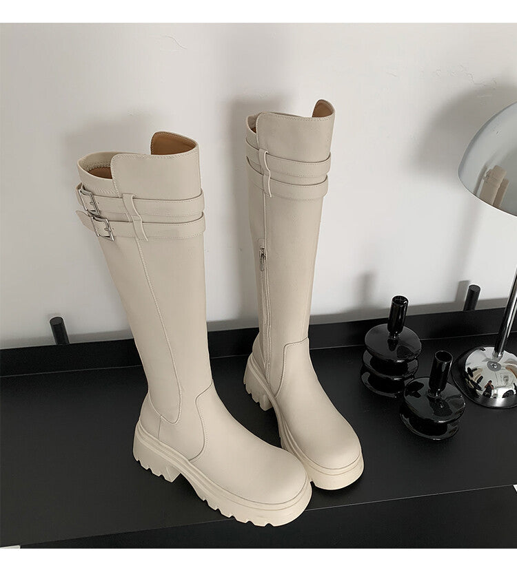 Karin Luna In Stock  Round Toe Thick Sole Casual Belt Buckle Long Boots
