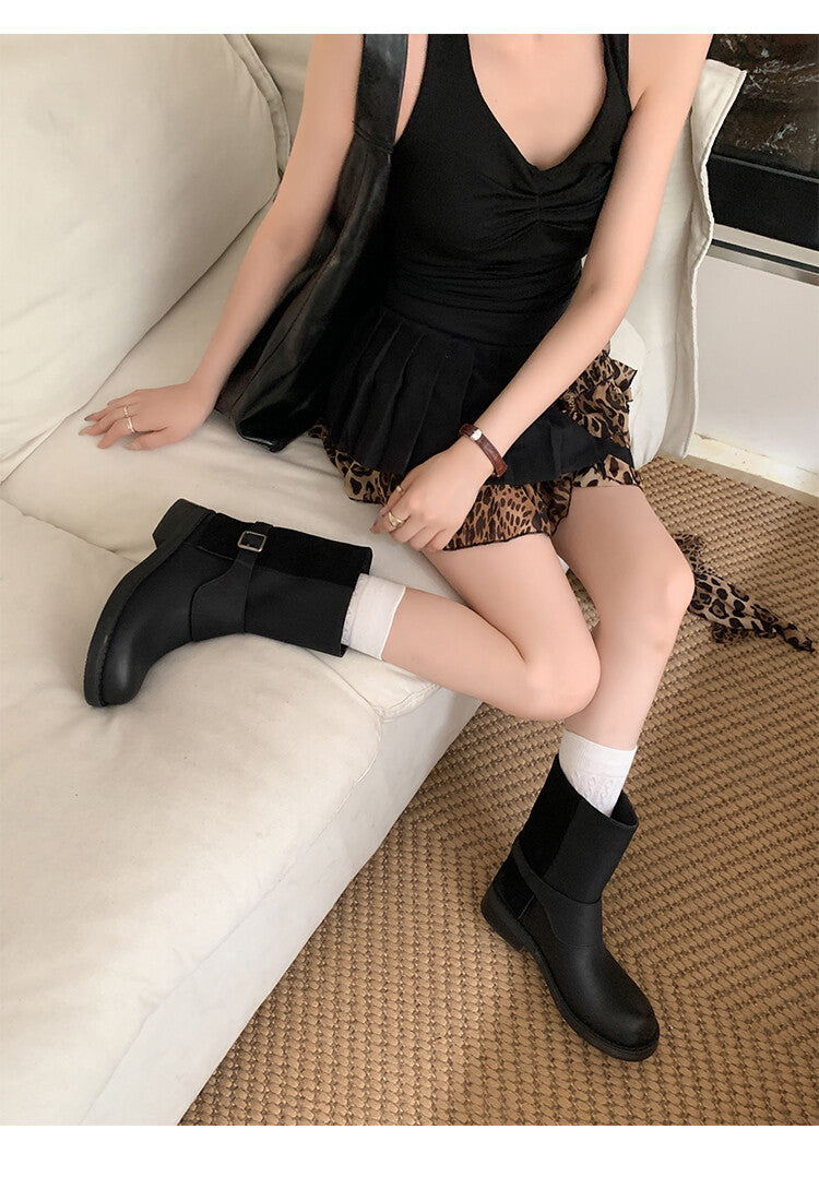 Karin Luna Belt Buckle Chunky Heel Fashion Short Boots