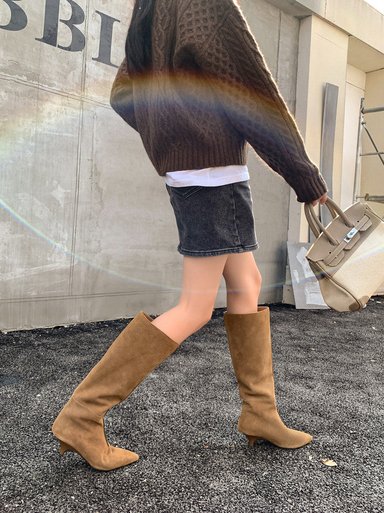 Karin Luna In Stock Spot Goods Retro Cowhide Pointed Toe Stiletto Elegant Long Boots