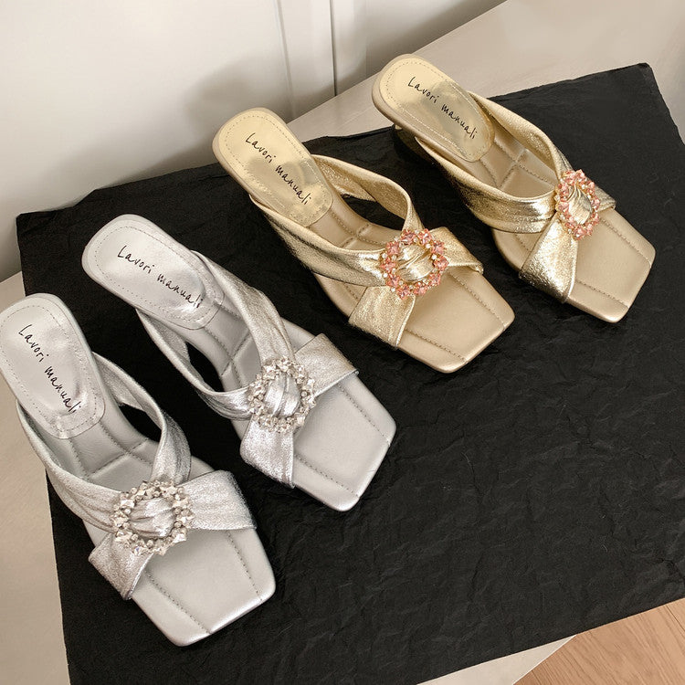 Karin Luna In Stock In Stock Elegant Square-Toe Cross-Strap Rhinestone Square-Toe Slippers