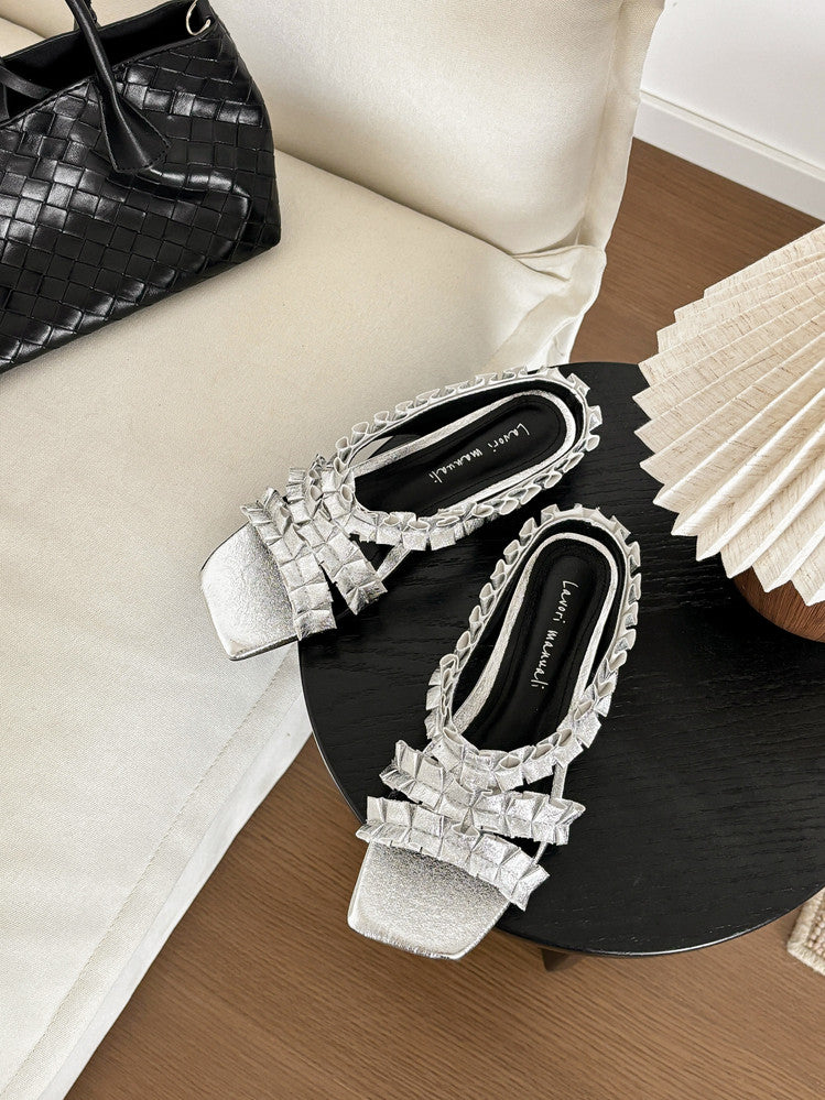 Karin Luna In Stock   Spot Goods  Niche Design Square-Toed Pleated Flat Slippers