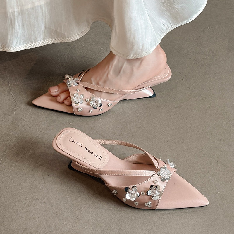 Karin Luna Bestseller Sequin Elements Elegant Pointed Toe Irregular Heel Slippers