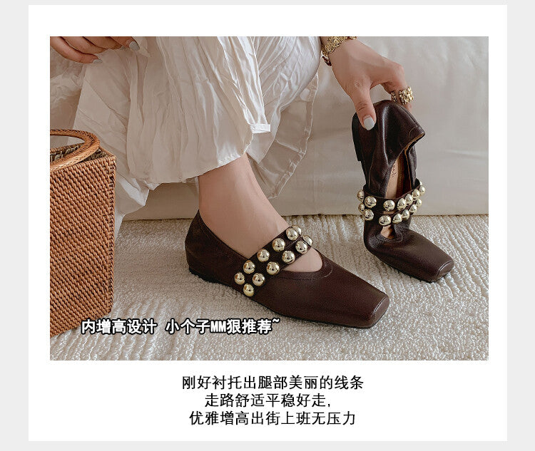 Karin Luna In Stock Spot Goods  Pig Nose Metal Strap Super Soft Granny Full Leather Mary Jane Shoes